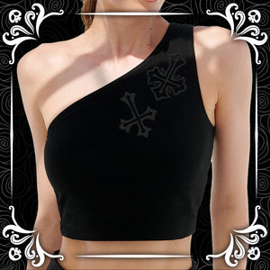 Crucify One Shoulder Flocked Tank