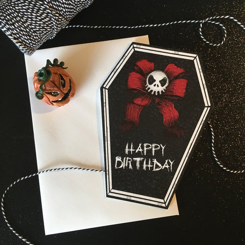 Happy Birthday Skull Bow Coffin Card